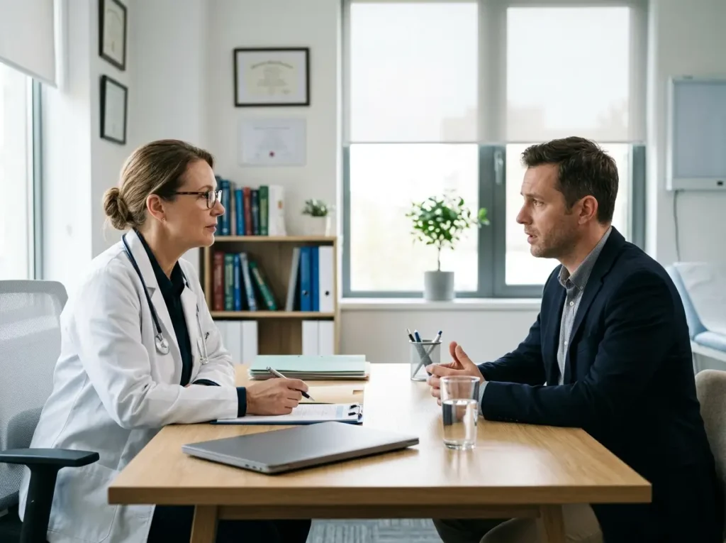 Una médica psiquiatra en su consultorio escuchando atentamente a un profesional sentado frente a ella en una evaluación sobre salud mental laboral.