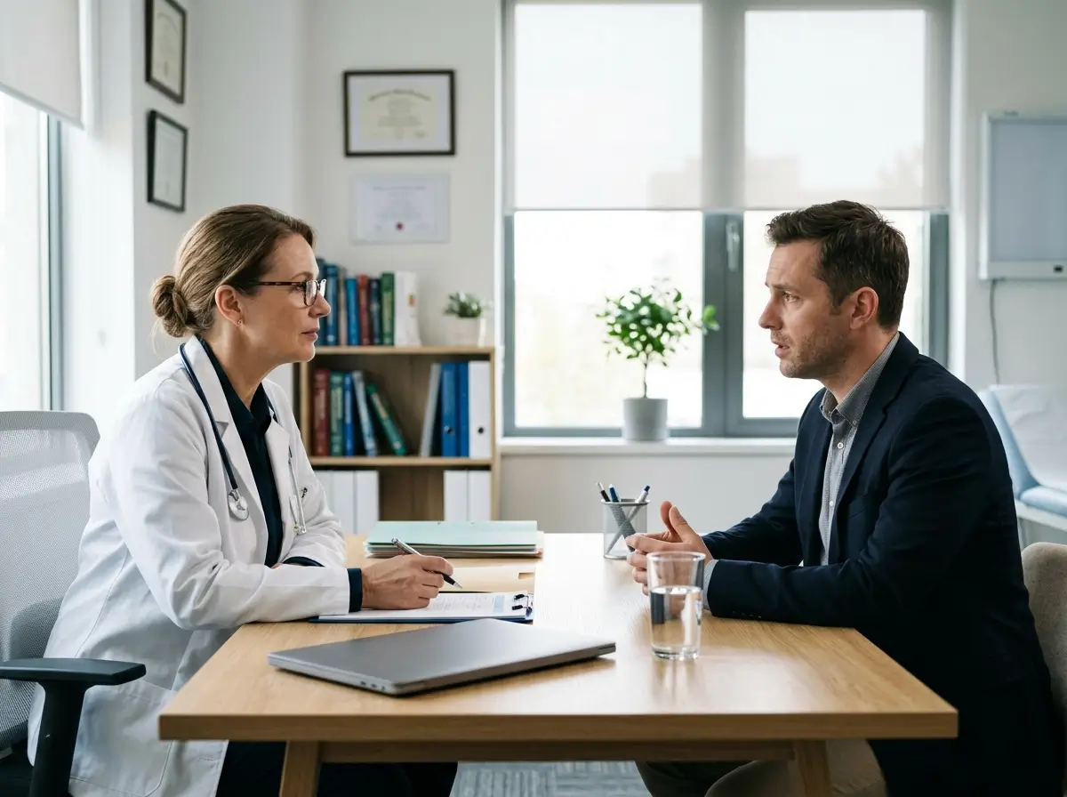 Una médica psiquiatra en su consultorio escuchando atentamente a un profesional sentado frente a ella en una evaluación sobre salud mental laboral.